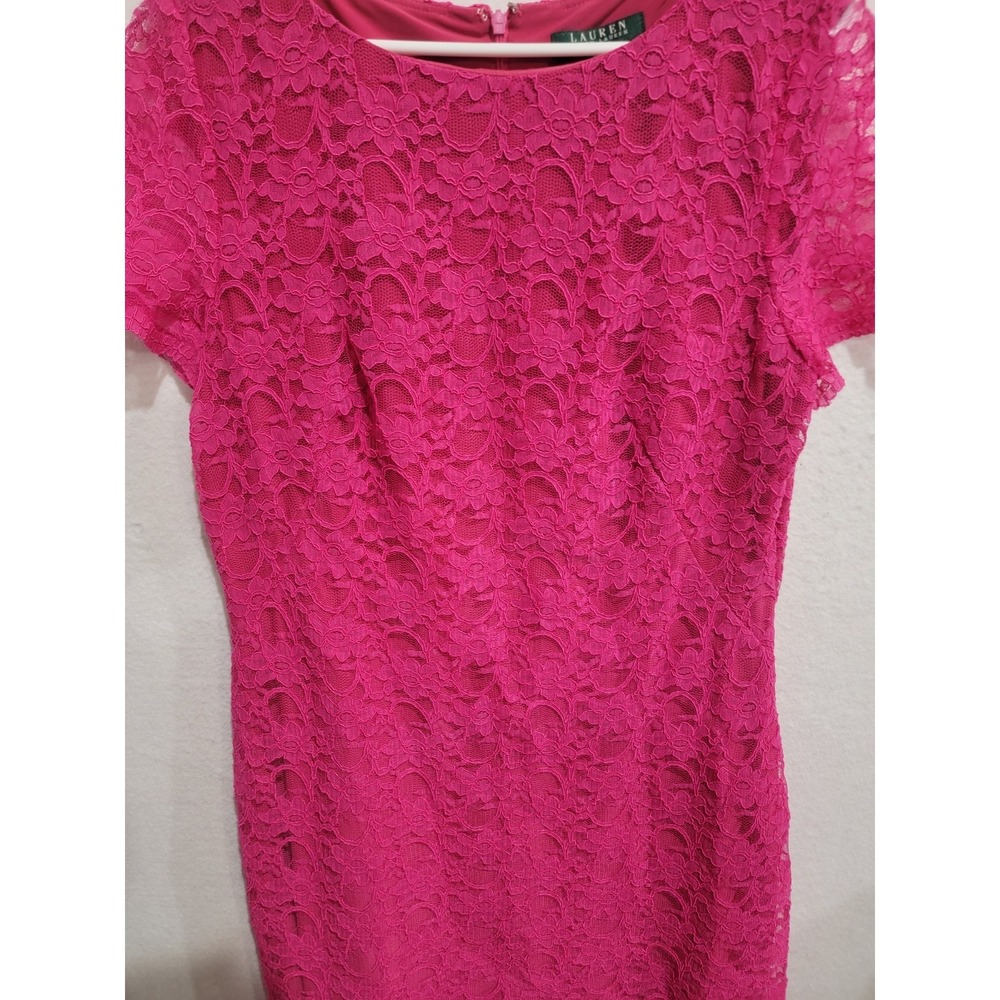 Lauren Ralph Lauren Fuchsia Pink Lace Sheath Dress Women's‎ Size 16 Short Sleeve - Picture 3 of 10
